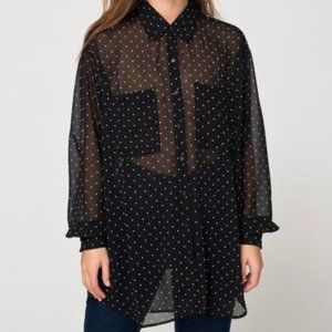 American Apparel Oversized Chiffon Sheer Button Down Black & White Polka Dot
